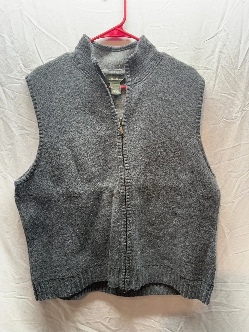 Eddie Bauer Mens XXL Lambswool Sweater Vest Gray Full Zip 78% Wool Vintage Style